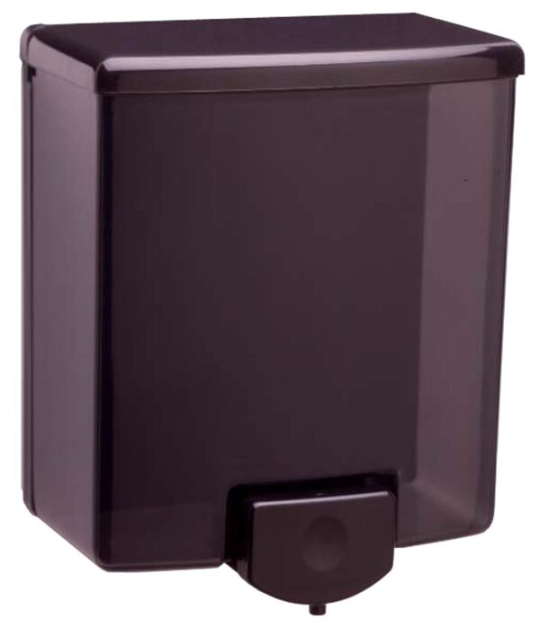 Black wall-mounted soap dispenser with a rectangular design and manual push button.