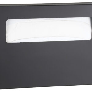 Black wall-mounted tissue dispenser with visible tissues inside through a clear section.