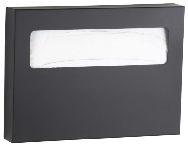 Black wall-mounted tissue dispenser with visible tissues inside through a clear section.