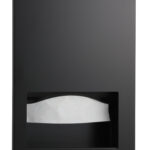 Black wall-mounted toilet paper dispenser with exposed white roll.