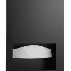 Black wall-mounted toilet paper dispenser with exposed white roll.