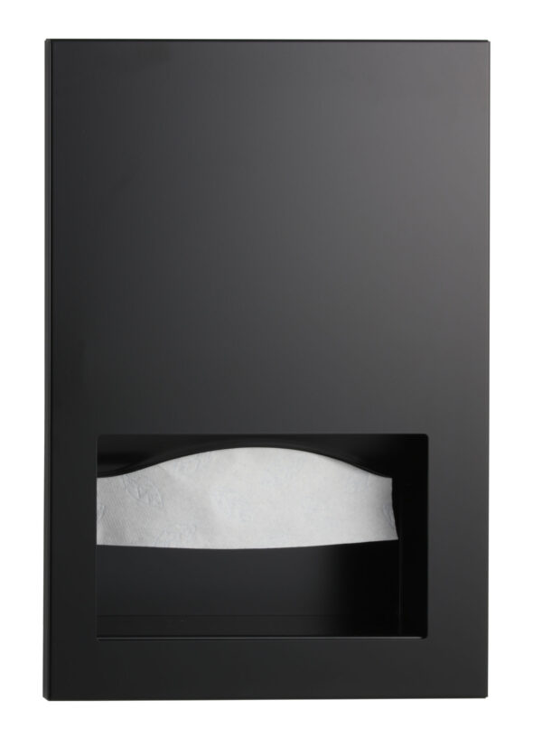 Black wall-mounted toilet paper dispenser with exposed white roll.