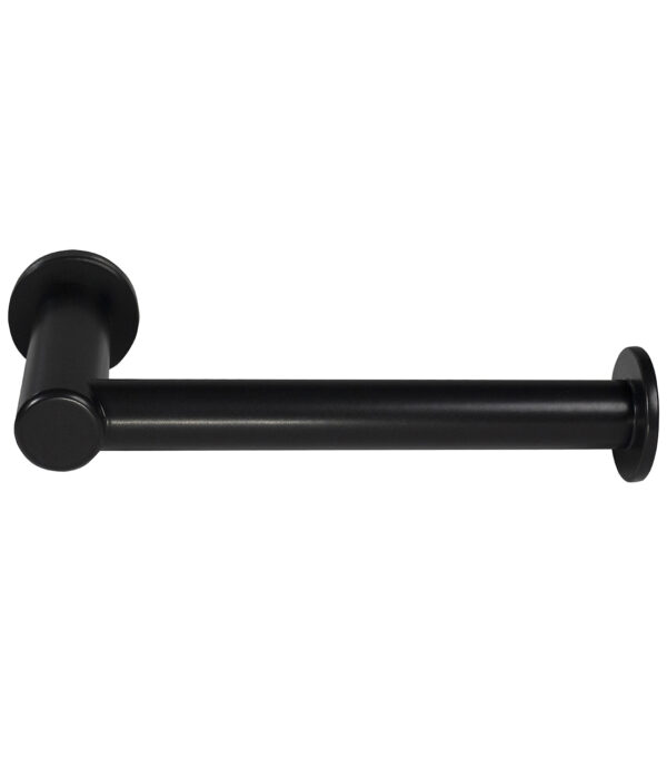 Black wall-mounted toilet paper holder with cylindrical design.