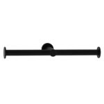 Black wall-mounted rod with circular ends and a central bracket for holding towels or rolls.