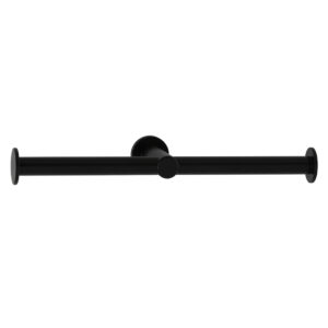 Black wall-mounted rod with circular ends and a central bracket for holding towels or rolls.