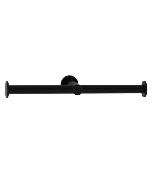 Black wall-mounted rod with circular ends and a central bracket for holding towels or rolls.