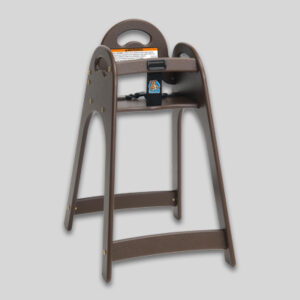 Brown wooden high chair for children with safety belt and sturdy frame, handle on backrest.