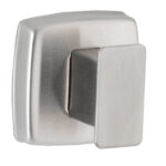 Brushed metal wall hook with rounded edges for holding items.