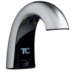 Sleek chrome-finished automatic faucet with sensor and "TC" logo indicating hands-free operation.