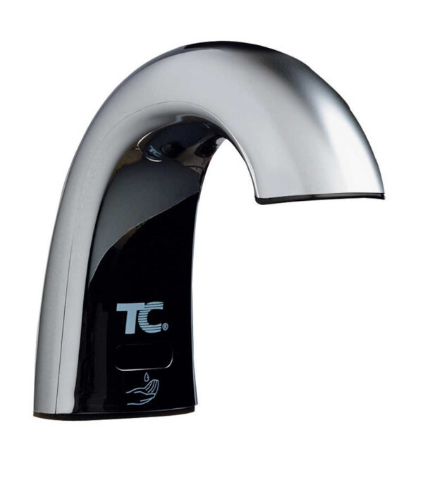 Sleek chrome-finished automatic faucet with sensor and "TC" logo indicating hands-free operation.