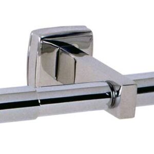 Chrome dual toilet paper holder with square wall mounts.