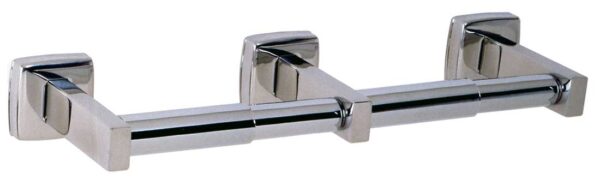 Chrome dual toilet paper holder with square wall mounts.