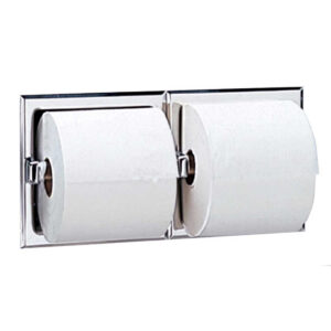 Dual toilet paper holder in chrome, mounted on wall, holding two toilet paper rolls.