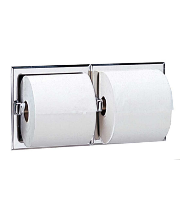 Dual toilet paper holder in chrome, mounted on wall, holding two toilet paper rolls.