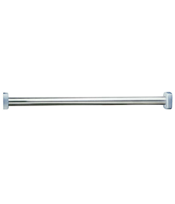 Chrome-colored extendable shower curtain rod with flat end caps for wall attachment.