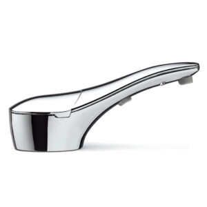 Chrome handheld shower head, modern ergonomic design.