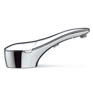 Chrome handheld shower head with sleek, ergonomic design on white background.