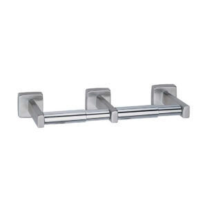 Three chrome-finished metal hooks on a wall fixture for hanging items.