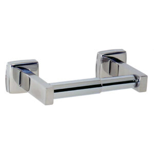 Chrome toilet paper holder, modern rectangular design with spring-loaded bar.