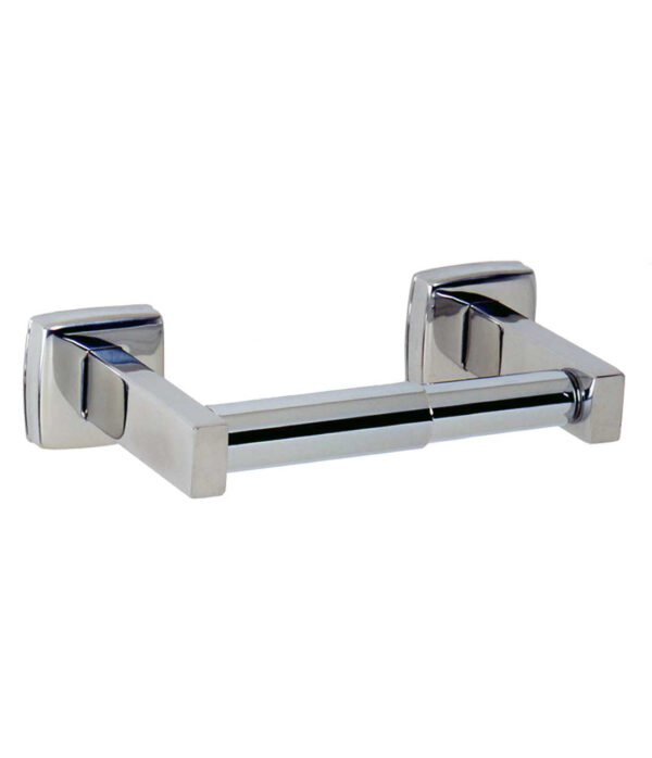 Chrome toilet paper holder, modern rectangular design with spring-loaded bar.