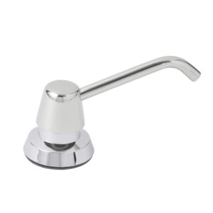 Chrome soap dispenser pump with curved spout and conical base.