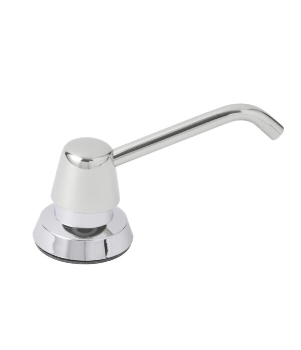 Chrome soap dispenser pump with curved spout and conical base.