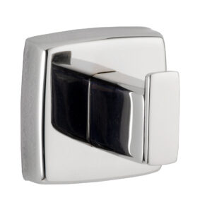 Chrome wall hook with square base and rectangular outward hook.