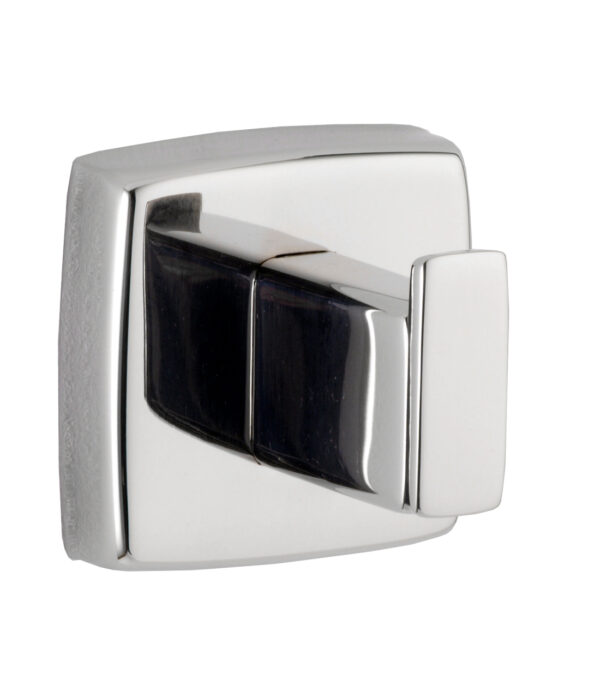 Chrome wall hook with square base and rectangular outward hook.