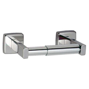 Wall-mounted chrome toilet paper holder with square base and cylindrical rod.