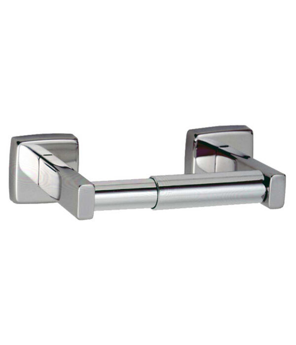 Wall-mounted chrome toilet paper holder with square base and cylindrical rod.