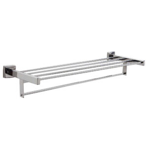 Wall-mounted chrome towel rack with horizontal bars for towel storage.