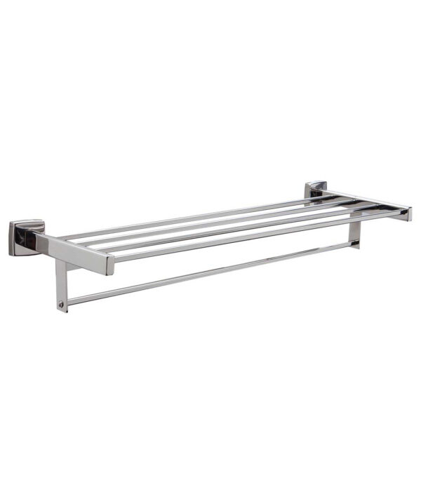 Wall-mounted chrome towel rack with horizontal bars for towel storage.