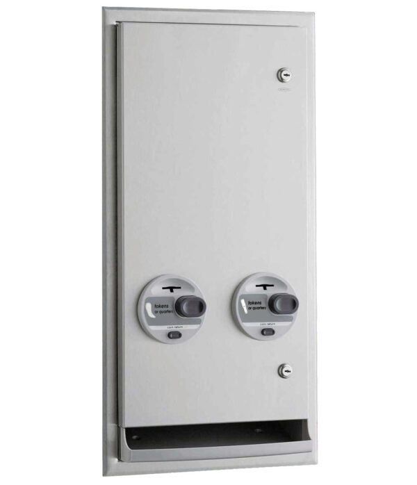 Wall-mounted coin-operated dispenser with two slots for tokens or quarters.