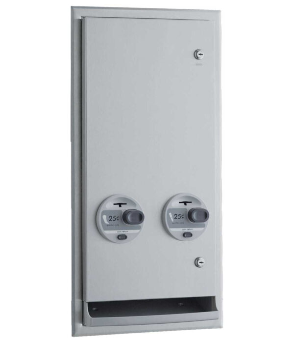 Wall-mounted coin-operated mechanism with two 25-cent slots and coin return.