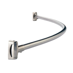 Curved metal shower curtain rod with wall-mounted brackets.