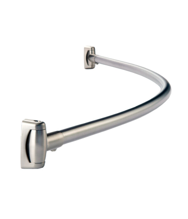 Curved metal shower curtain rod with wall-mounted brackets.