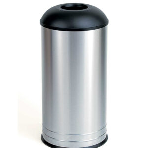 Cylindrical metal trash can with black dome lid and top opening