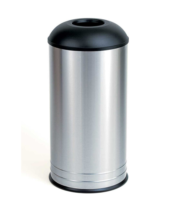 Cylindrical metal trash can with black dome lid and top opening