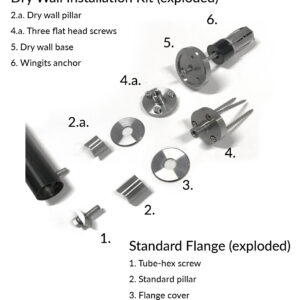 Exploded view of drywall installation kit and standard flange with labeled components.