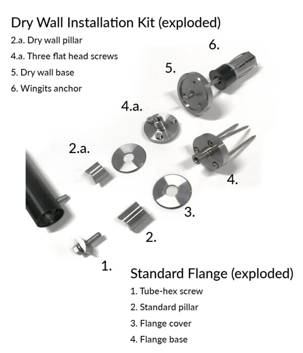 Exploded view of drywall installation kit and standard flange with labeled components.