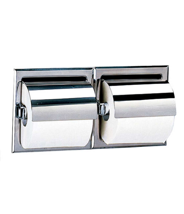 Dual stainless steel toilet paper holder with two rolls mounted on a wall.