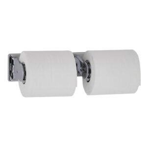 Dual toilet paper holder with chrome fixtures, wall-mounted, holding two white rolls.