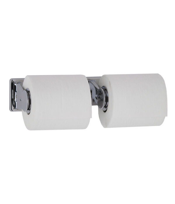 Dual toilet paper holder with chrome fixtures, wall-mounted, holding two white rolls.