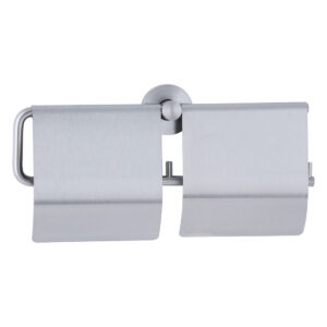 Wall-mounted dual toilet paper holder in brushed metal with two rolls and central support.