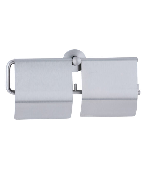 Wall-mounted dual toilet paper holder in brushed metal with two rolls and central support.