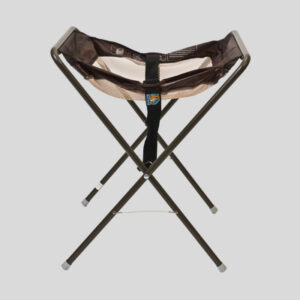 Foldable camping stool with brown fabric seat and black metal X-frame for outdoor use.