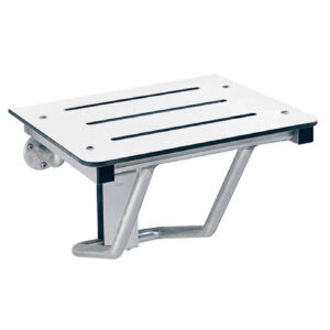 Foldable wall-mounted shower seat with drainage slits and stainless steel supports.