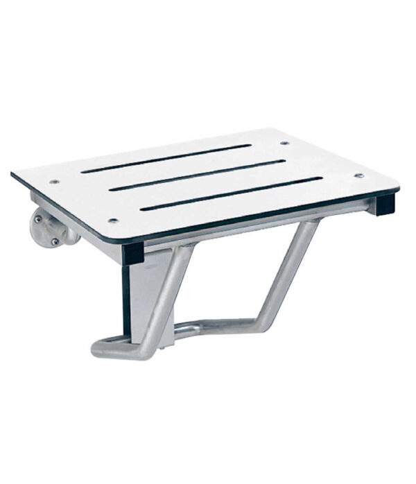 Foldable wall-mounted shower seat with drainage slits and stainless steel supports.