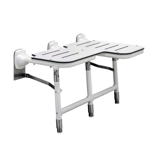 Wall-mounted foldable shower seat with plastic slotted surface and metal legs for drainage.