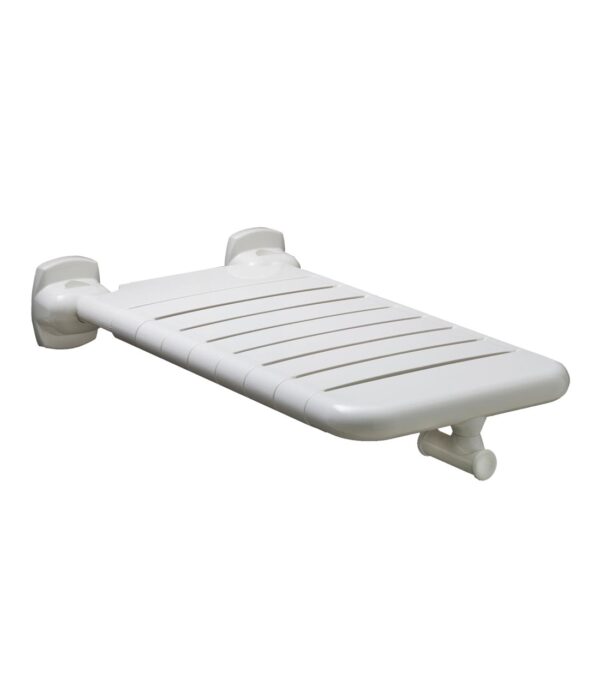 Foldable wall-mounted slatted shower seat for safety and comfort in the bathroom.